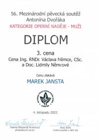 Diplom, Marek Jansta -  3. cena, 56. Mezinárodní pěvecká soutěž A. Dvořáka