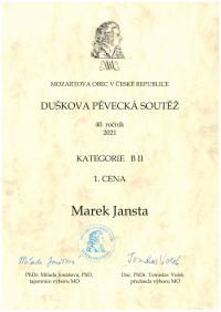 Diplom za 1. místo 20. ročníku Mezinárodní pěvecké soutěže Pražský pěvec, Marek Jansta