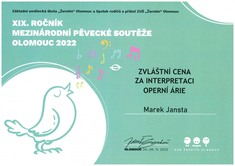 Diplom - Zvláštní cena za interpretaci operní árie, Marek Jansta 