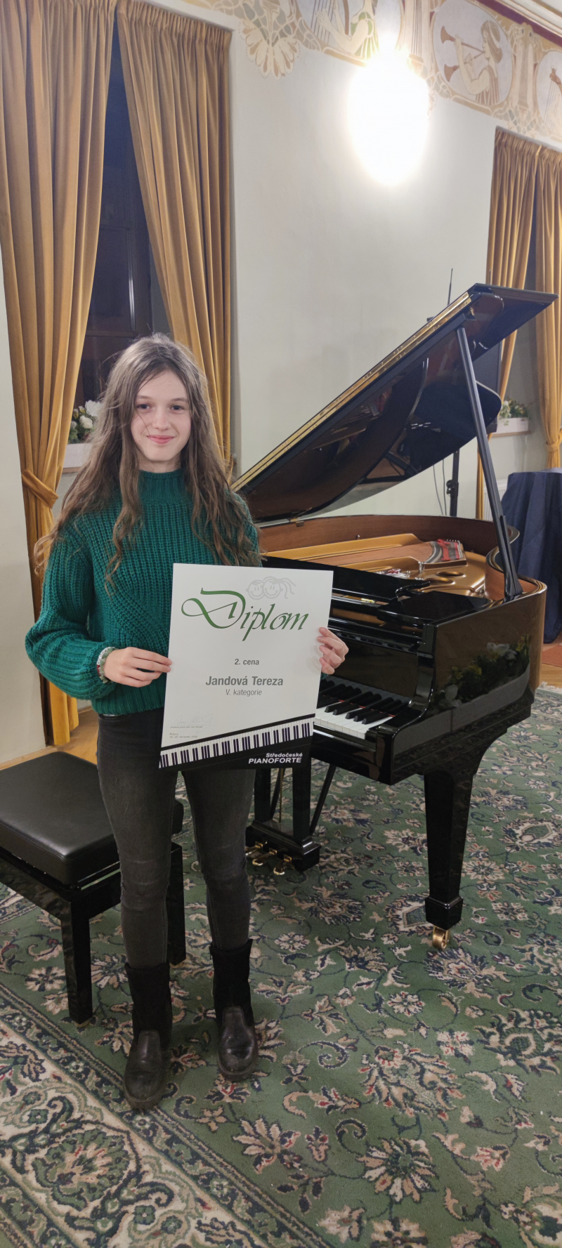 Diplom 2. cena a Tereza Jandová, klavírní soutěž Pianoforte Říčany 2022 