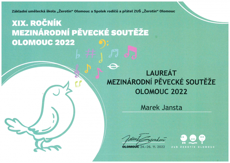 Diplom Laureát Mezinárodní pěvecké soutěže Olomouc 2022, Marek Jansta 